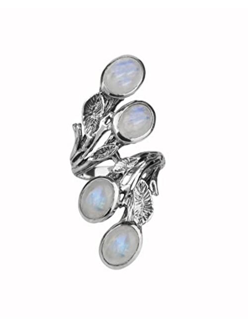 YoTreasure 7x9 MM Moonstone Solid .925 Sterling Silver Vintage Leaf Vine Bold Ring