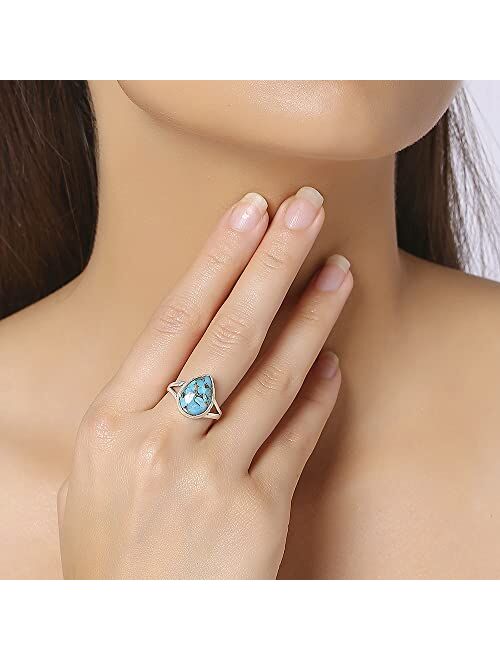 YoTreasure 10x14 MM Blue Copper Turquoise Solid 925 Sterling Silver Teardrop Ring