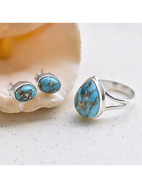 YoTreasure 10x14 MM Blue Copper Turquoise Solid 925 Sterling Silver Teardrop Ring