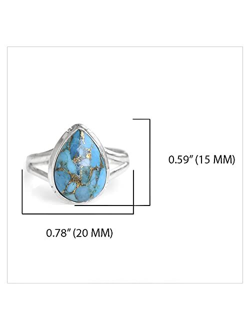 YoTreasure 10x14 MM Blue Copper Turquoise Solid 925 Sterling Silver Teardrop Ring