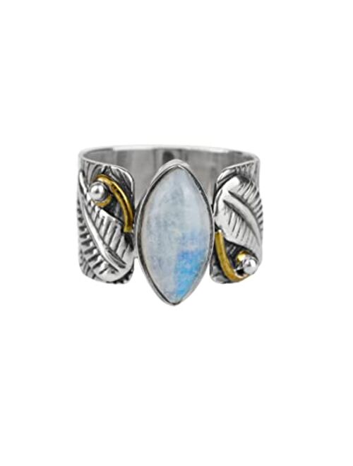 YoTreasure Rainbow Moonstone Solid 925 Sterling Silver Brass Wide Band Boho Ring