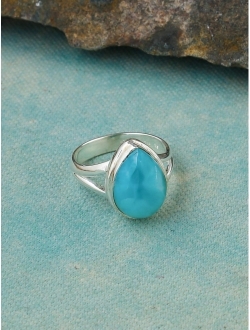 YoTreasure Natural Larimar Solid 925 Sterling Silver Teardrop Split Shank Ring