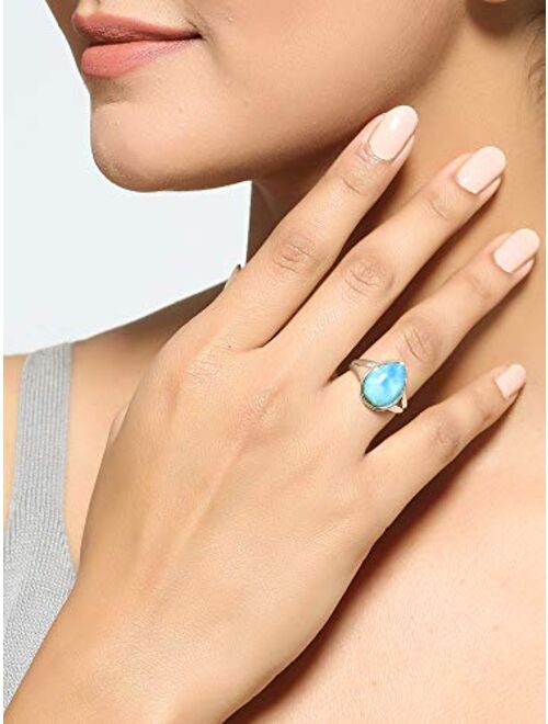 YoTreasure Natural Larimar Solid 925 Sterling Silver Teardrop Split Shank Ring