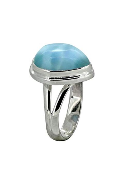 YoTreasure Natural Larimar Solid 925 Sterling Silver Teardrop Split Shank Ring