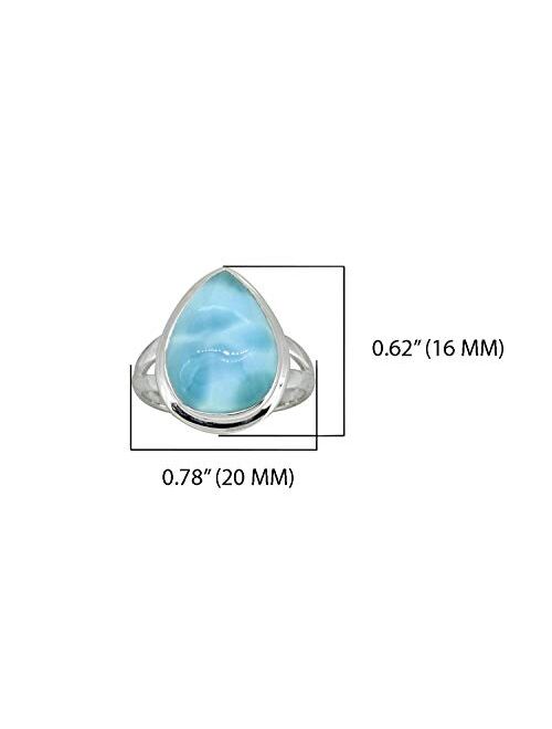 YoTreasure Natural Larimar Solid 925 Sterling Silver Teardrop Split Shank Ring