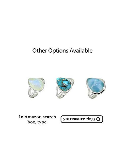 YoTreasure Natural Larimar Solid 925 Sterling Silver Teardrop Split Shank Ring