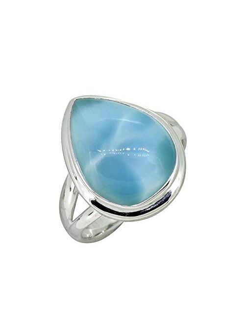 YoTreasure Natural Larimar Solid 925 Sterling Silver Teardrop Split Shank Ring