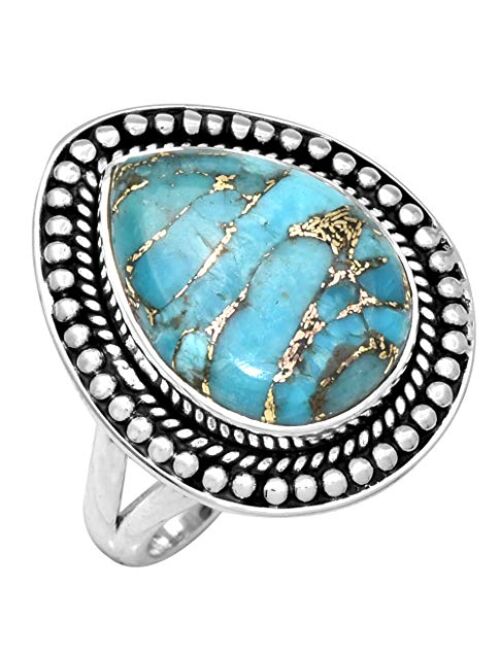 YoTreasure Blue Copper Turquoise Solid 925 Sterling Silver Ring Jewelry