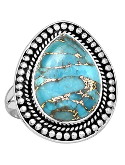 YoTreasure Blue Copper Turquoise Solid 925 Sterling Silver Ring Jewelry