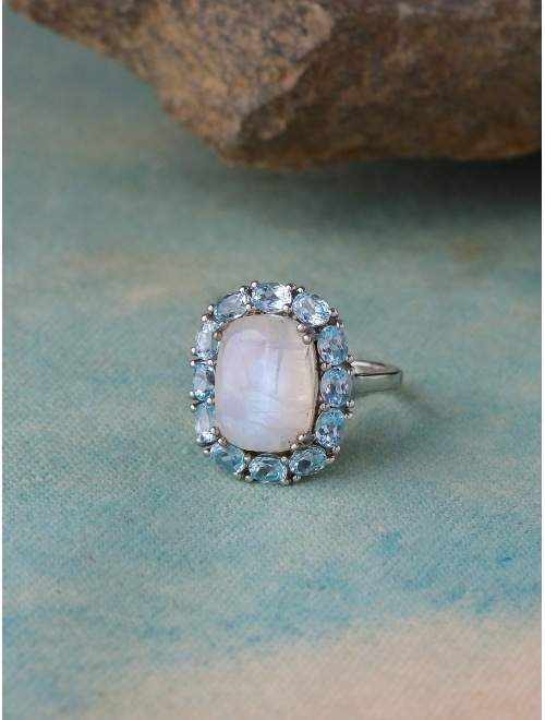 YoTreasure Moonstone and Sky Blue Topaz Cluster Ring Solid 925 Sterling Silver