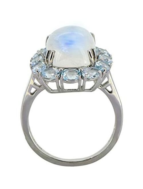 YoTreasure Moonstone and Sky Blue Topaz Cluster Ring Solid 925 Sterling Silver