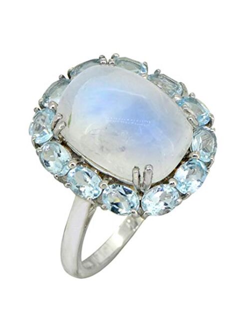 YoTreasure Moonstone and Sky Blue Topaz Cluster Ring Solid 925 Sterling Silver