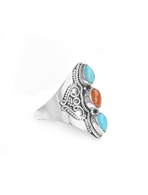 YoTreasure .925 Sterling Silver Turquoise 3 Stone Wide Band Boho Ring