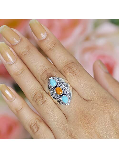 YoTreasure .925 Sterling Silver Turquoise 3 Stone Wide Band Boho Ring