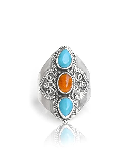 YoTreasure .925 Sterling Silver Turquoise 3 Stone Wide Band Boho Ring