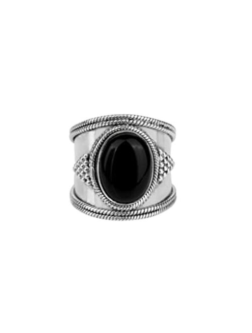 YoTreasure 12x16MM Black Onyx .925 Sterling Silver Wide Band Boho Ring