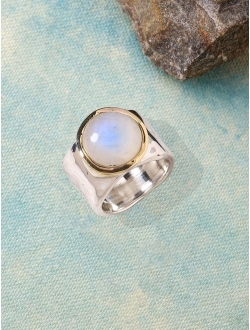 YoTreasure Hammered Solid 925 Sterling Silver Brass Moonstone Wide Band Ring