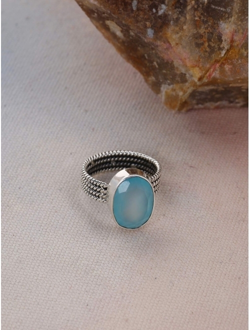 YoTreasure Aqua Chalcedony 925 Sterling Silver Braided Ring Jewelry