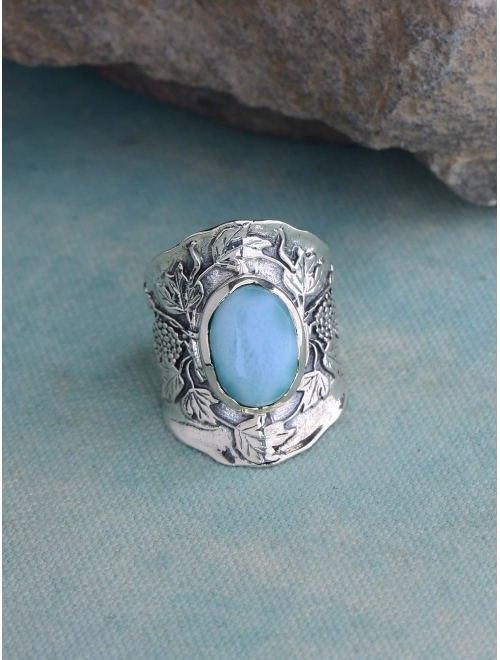 YoTreasure 10x14 MM Larimar Classic Statement Ring Oxidized .925 Sterling Silver