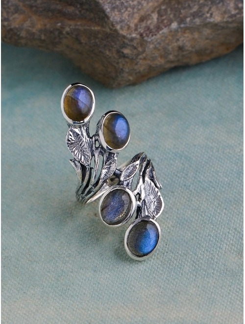 YoTreasure Natural Labradorite Solid 925 Sterling Silver Innovative Leaf Vine Design Ring