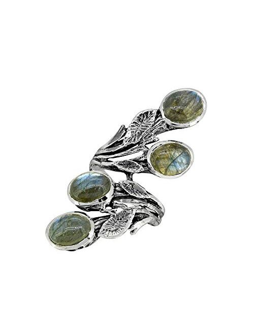 YoTreasure Natural Labradorite Solid 925 Sterling Silver Innovative Leaf Vine Design Ring