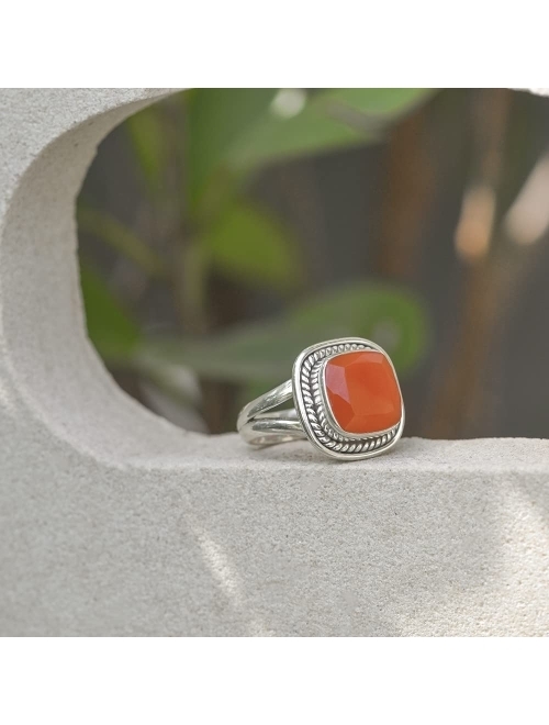 YoTreasure Natural Carnelian Solitaire Ring 925 Sterling Silver Gemstone Jewelry