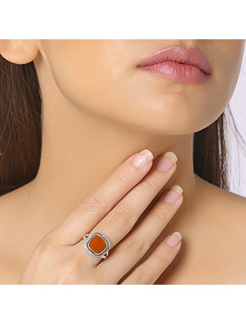 YoTreasure Natural Carnelian Solitaire Ring 925 Sterling Silver Gemstone Jewelry