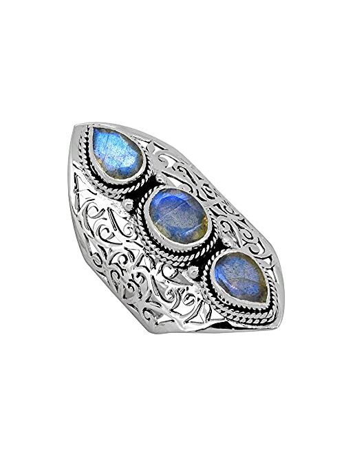 YoTreasure Labradorite Solid 925 Sterling Silver 3 Stone Ring