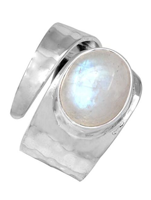 YoTreasure 10x12 mm Moonstone Ring 925 Sterling Silver Hammered Bypass Jewelry