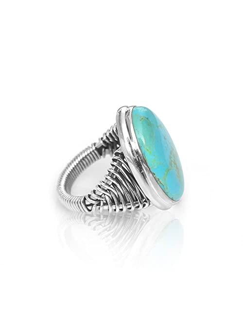 YoTreasure 10x12 MM Larimar .925 Sterling Silver Hammered Wide Band Adjustable Ring