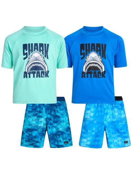 Big Chill Boys' Rash Guard Set - 2 Pack UPF 50+ Short Sleeve Swim Shirt and Bathing Suit Swimsuit Set (Little Boy/Big Boy)