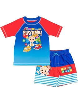 CoComelon Tomtom JJ Cody Nico Mochi Wally Short Sleeve Rash Guard Swim Shirt & Swim Trunks Outfit Set Infant to Toddler