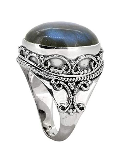 YoTreasure 15x20MM Labradorite Bold Ring Solid 925 Sterling Silver Gemstone Jewelry