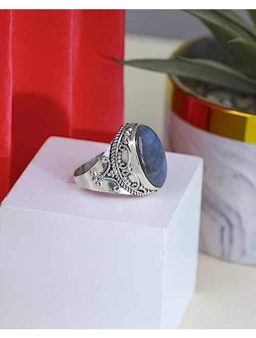 YoTreasure 15x20MM Labradorite Bold Ring Solid 925 Sterling Silver Gemstone Jewelry