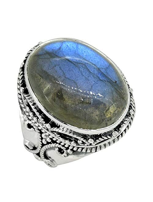 YoTreasure 15x20MM Labradorite Bold Ring Solid 925 Sterling Silver Gemstone Jewelry