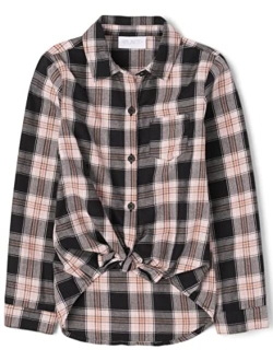 Girls' Long Sleeve Plaid Twill Tie Front Button Down Shirt