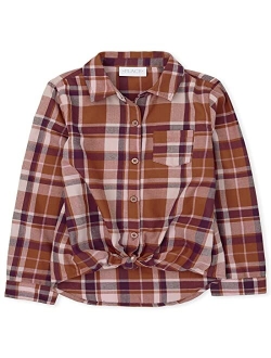 Girls' Long Sleeve Plaid Twill Tie Front Button Down Shirt