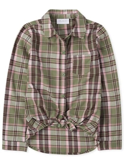 Girls' Long Sleeve Plaid Twill Tie Front Button Down Shirt