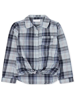 Girls' Long Sleeve Plaid Twill Tie Front Button Down Shirt