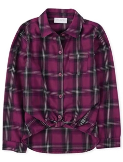 Girls' Long Sleeve Plaid Twill Tie Front Button Down Shirt