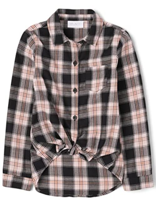 The Children's Place Girls' Long Sleeve Plaid Twill Tie Front Button Down Shirt