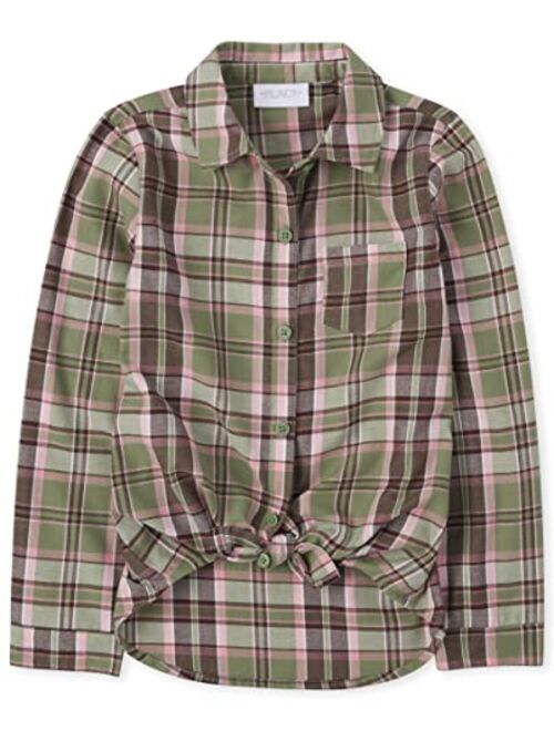 The Children's Place Girls' Long Sleeve Plaid Twill Tie Front Button Down Shirt