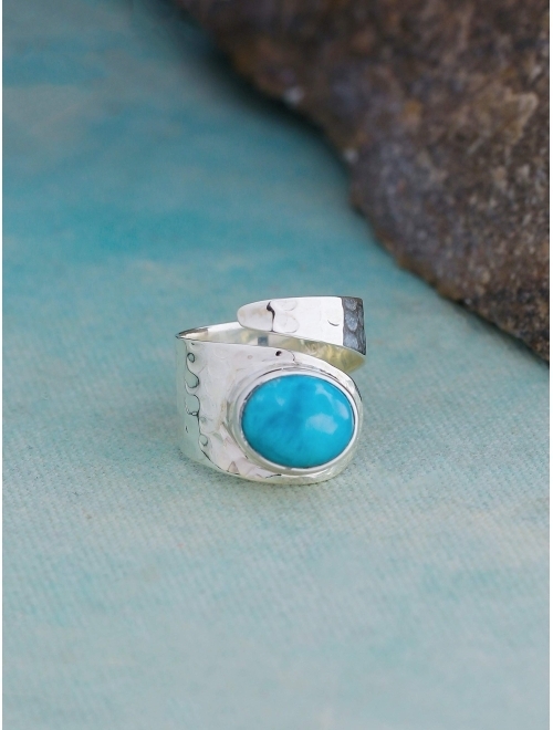 YoTreasure 10x12 MM Larimar .925 Sterling Silver Hammered Wide Band Adjustable Ring