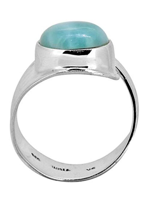 YoTreasure 10x12 MM Larimar .925 Sterling Silver Hammered Wide Band Adjustable Ring