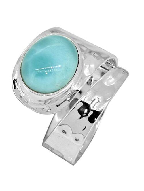 YoTreasure 10x12 MM Larimar .925 Sterling Silver Hammered Wide Band Adjustable Ring