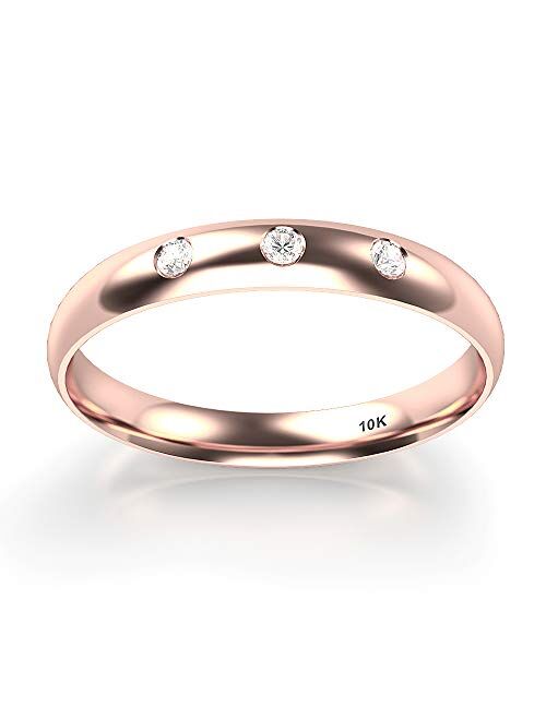 Kobelle 10K White/Yellow/Rose Gold 3 Diamond 3MM Dome Wedding Anniversary Band Ring