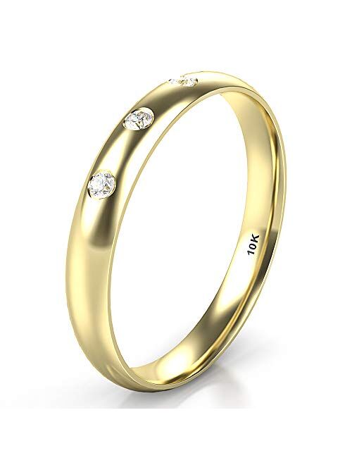 Kobelle 10K White/Yellow/Rose Gold 3 Diamond 3MM Dome Wedding Anniversary Band Ring