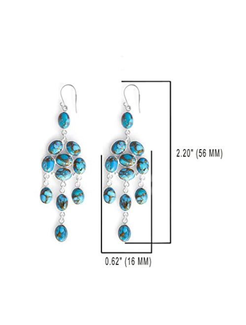 YoTreasure 925 Sterling Silver Moonstone Blue Copper Turquoise Dangle Chandelier Earrings