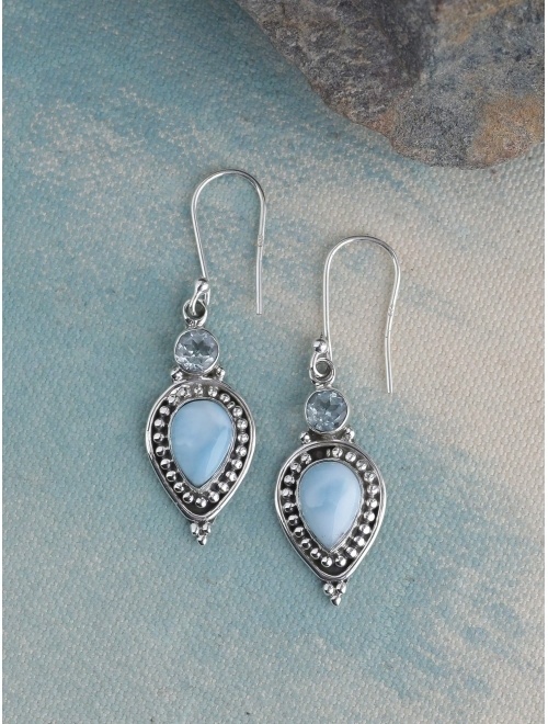 YoTreasure Natural Larimar Blue Topaz Teardrop Dangle Earrings Solid 925 Sterling Silver