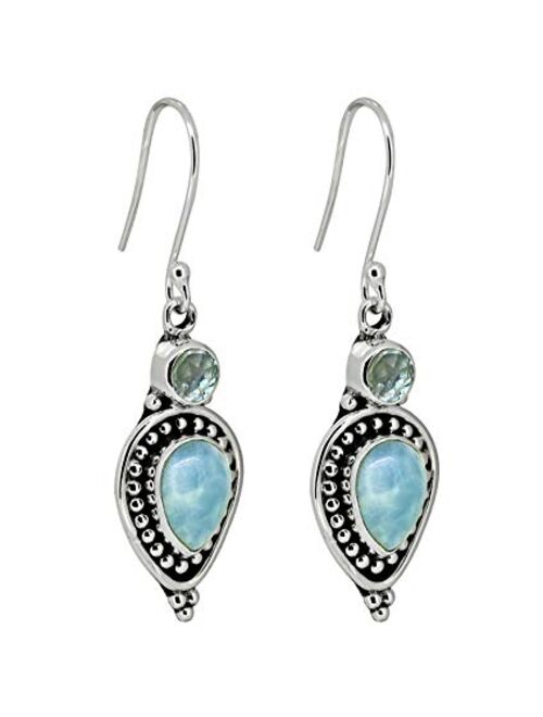 YoTreasure Natural Larimar Blue Topaz Teardrop Dangle Earrings Solid 925 Sterling Silver